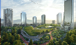 Rendering of Oakridge Park with buildings in the background